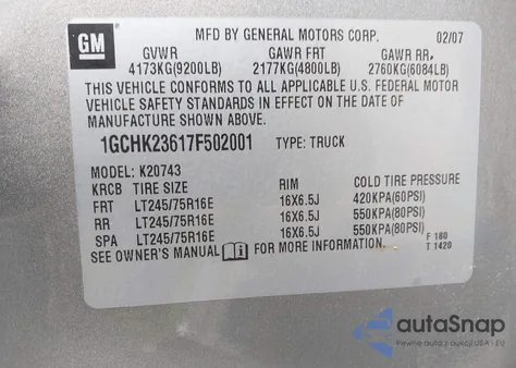 2007 Chevrolet Silverado 2500Hd Lt1 из США, поврежденный, VIN 1GCHK23617F502001